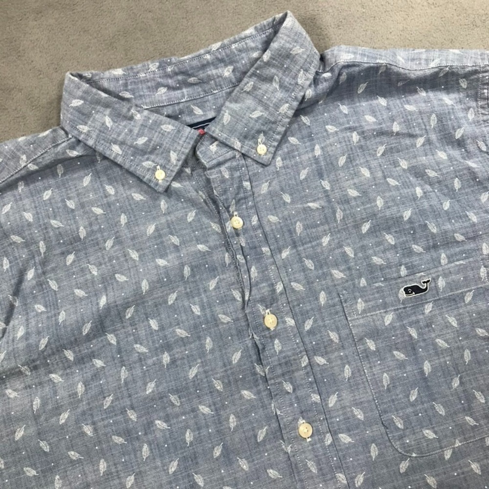 Vineyard Vines Shirt Mens 1XB XLB Blue Button Down AOP Leaves Whale Stretch Flex